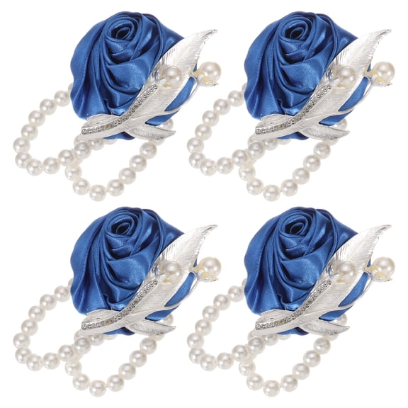 Uxcell 4Pcs Wrist Corsage Artificial Flower with Faux Pearl Bracelets for Wedding, Prom Party, Anniversary,Blue