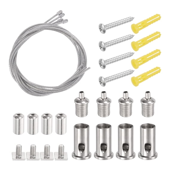 Uxcell 4Set Ceiling Hanging Wire Cable Kit, 2.6ft Top Adjust Adjustable Hanging Wire Rope Suspension with Square Mount Screw Kit for Pendant Chandelier Ceiling LED Panel Light, Chrome