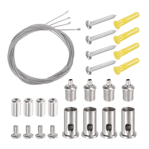 Uxcell 4Set Ceiling Hanging Wire Cable Kit, 4.9ft Top Adjust Adjustable Hanging Wire Rope Suspension with Slotted Mount Screw Kit for Pendant Chandelier Ceiling LED Panel Light, Chrome