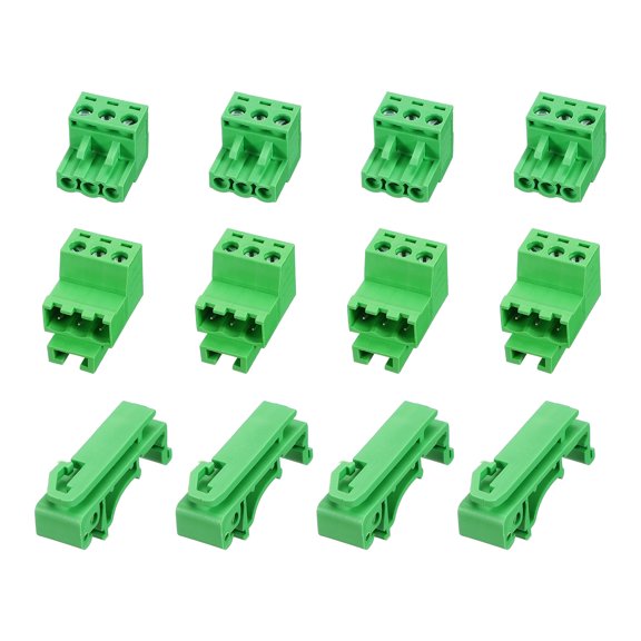 Uxcell 4Set Screw Terminal Block Connector, 3 Pin 5.09mm Pitch Copper Alloy Male & Female Type Pluggable Connector PCB Mount Terminals for Electrical Wiring, Instrument, Green