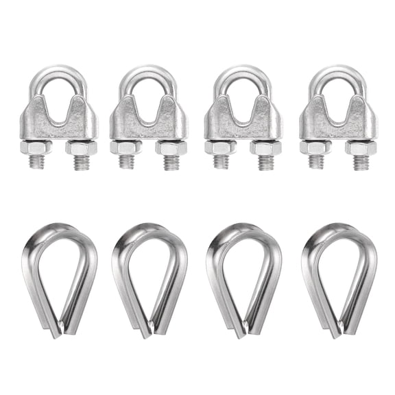 Uxcell 4Set Wire Rope Cable Clip Clamps 5/16 Inch M8 Small 304 Stainless Steel U Bolt Saddle Fasteners Hardware with Thimble for Secure Rigging Marine Guy Line Fence Clothesline, Silver