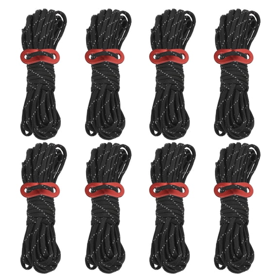 Uxcell 4mm 13ft Reflective Camping Tent Rope Guyline with Aluminum Adjuster Tensioner, Black 8 Pack