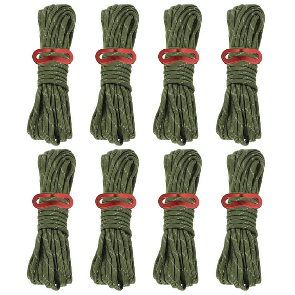 Uxcell 4mm 13ft Reflective Camping Tent Rope Guyline with Aluminum Adjuster Tensioner, Dark Green 8 Pack