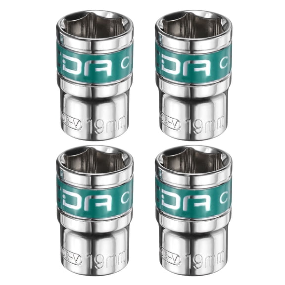 Uxcell 4pcs 1/2" Drive 6 Points Socket 19mm CR-V Metric Shallow Socket, Silver Green