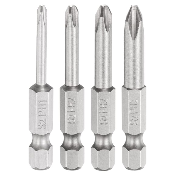 Uxcell 4pcs #1+#2 Phillips Screwdriver Bit PH1+PH2 1/4" Hex Shank 2" (50mm) Long Magnetic Cross Head Drive Drill Bits S2 Steel Industrial Screw Driver Electric Power Tool, Gray