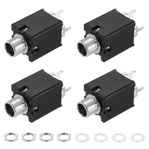 Uxcell 4pcs 1/4" 6.35mm Stereo Audio Jack, 50V 3 Pin Female PCB Mount Jack Video Connectors Stereo Headphone Socket with Nuts&Spacer for Headphone, Speaker, Car Audio, 36x16x16mm