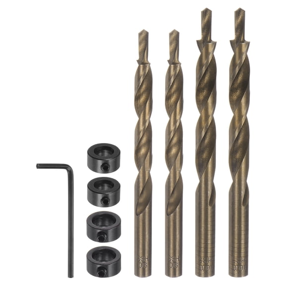 Uxcell 4pcs 23/64" 25/64" Round Shank Pocket Hole Drill Bit 13/64" Tip W M9 M10 Depth Stop Collar and Wrench