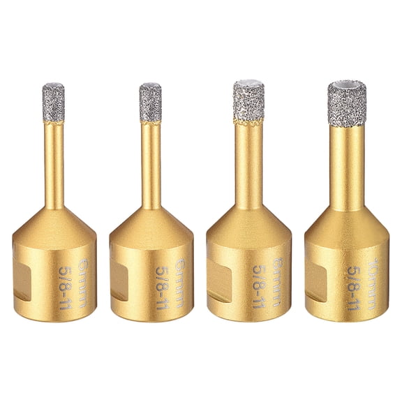 Uxcell 4pcs 6mm - 10mm Diamond Core Drill Bit Kit 15/64" - 3/8" Diamond Hole Saw with 5/8"-11 Thread Fit Angle Grinders for Ceramic Porcelain Marble Tiles - Gold Tone