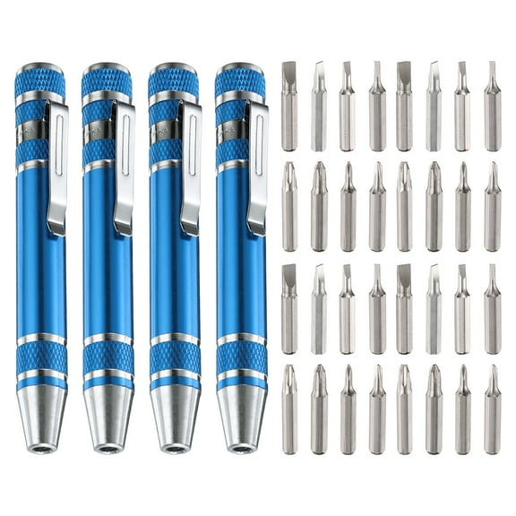 Uxcell 4pcs 8 in 1 Mini Pocket Pen Screwdriver Set Small Magnetic Screw Driver with Phillips and Flat Head Bits, Blue