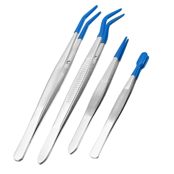Uxcell 4pcs Bent Tweezers with Rubber Tips Stainless Steel Angled Grip Non-Slip Long Crafting Curved Flat Straight Tip Tweezers for DIY Craft Jewelry Beading Electronics, Silver Blue