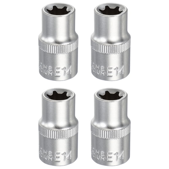 Uxcell 4pcs E-Torx Socket 1/2" Drive E14 Star Metric Socket 1.5" Length External Torx Shallow Sleeve 35K Alloy Steel Chrome 6 Point Spline Sleeve for Auto Repairs