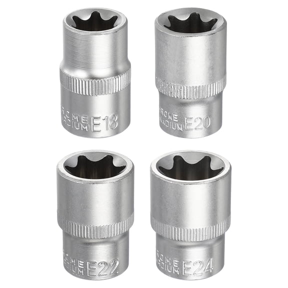 Uxcell 4pcs E-Torx Socket 1/2" Drive E18/E20/E22/E24 Star Metric Socket 1.5" Length External Torx Shallow Sleeve 35K Alloy Steel Chrome 6 Point Spline Sleeve for Auto Repairs