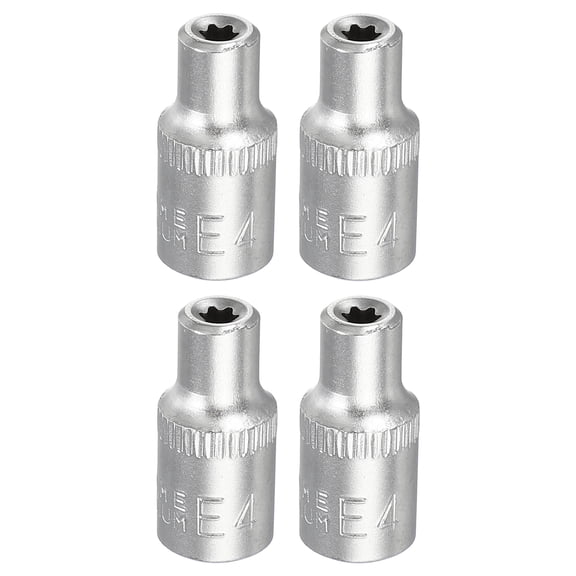 Uxcell 4pcs E-Torx Socket 1/4" Drive E4 Star Metric Socket 1" Length External Torx Shallow Sleeve 35K Alloy Steel Chrome 6 Point Spline Sleeve for Auto Repairs