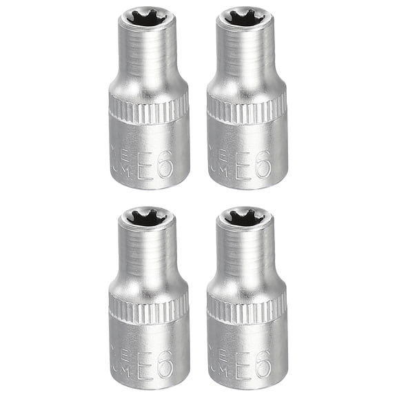 Uxcell 4pcs E-Torx Socket 1/4" Drive E6 Star Metric Socket 1" Length External Torx Shallow Sleeve 35K Alloy Steel Chrome 6 Point Spline Sleeve for Auto Repairs
