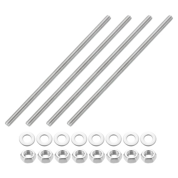 Uxcell 4pcs Fully Threaded Rod, M6 x 150mm 201 Stainless Steel Right Hand Threads Rods with Nuts and Flat Washer Fully Studding Rod Bar for Clamps, Hangers and U-Bolts