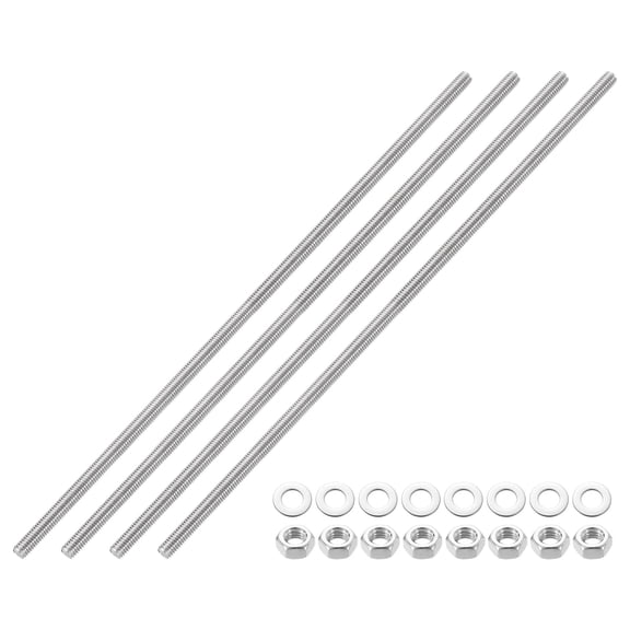 Uxcell 4pcs Fully Threaded Rod, M6 x 250mm 201 Stainless Steel Right Hand Threads Rods with Nuts and Flat Washer Fully Studding Rod Bar for Clamps, Hangers and U-Bolts