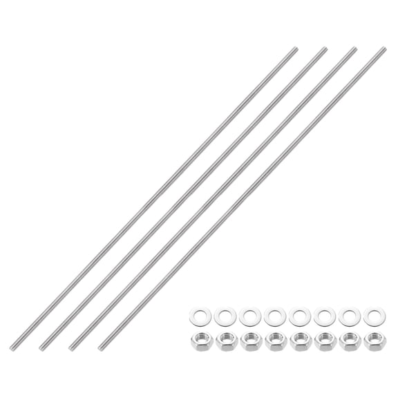 Uxcell 4pcs Fully Threaded Rod, M6 x 400mm 201 Stainless Steel Right Hand Threads Rods with Nuts and Flat Washer Fully Studding Rod Bar for Clamps, Hangers and U-Bolts