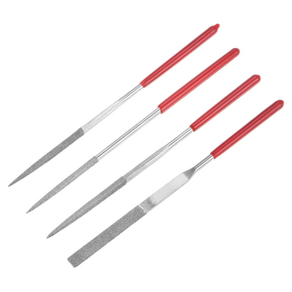 Uxcell 4pcs Mini Diamond Needle File Set 120 Grits Small Metal Files Round Flat Triangular Square File Glass Wood Stone