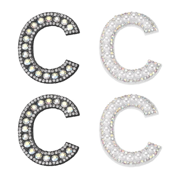 Uxcell 4pcs Self Adhesive Pearl Glitter Rhinestone Letter C Patches, Iron on Decorative Patches Rhinestone Pearl English Letter for DIY Clothes Repair Hats Bags, Black White