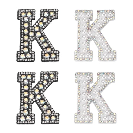 Uxcell 4pcs Self Adhesive Pearl Glitter Rhinestone Letter K Patches, Iron on Decorative Patches Rhinestone Pearl English Letter for DIY Clothes Repair Hats Bags, Black White