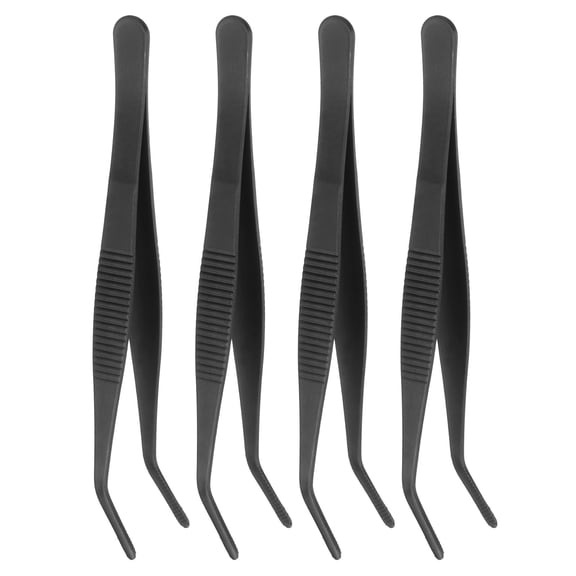 Uxcell 4pcs Stainless Steel Tweezers 5.5 Inch Long Curved Serrated Tip Tweezers Multi-Purpose Kitchen Tongs for Cooking Gardening Repairing Craft, Black