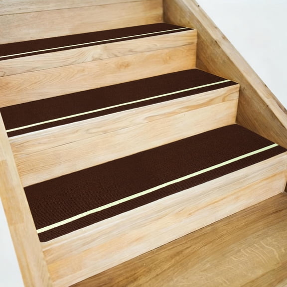Uxcell 4pcs Stair Treads Non-Slip 8" x 30" Polyester Washable Reusable Adhesive Anti Slip Carpet Tread with Glow in Dark Stripe for Stair Steps, Brown