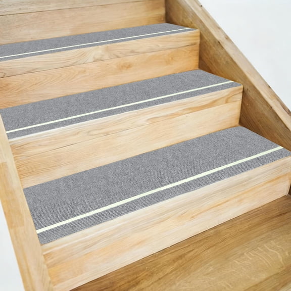 Uxcell 4pcs Stair Treads Non-Slip 8" x 30" Polyester Washable Reusable Adhesive Anti Slip Carpet Tread with Glow in Dark Stripe for Stair Steps, Light Gray