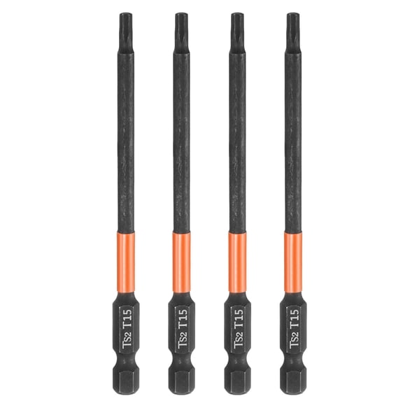 Uxcell 4pcs T15 Torx Head Screwdriver Bit 4" (100mm) Long 1/4" Hex Shank Magnetic No Hole Tamper Proof 6 Point Star Screw Driver Drill Bits Phosphate S2 Steel Industrial Power Tools