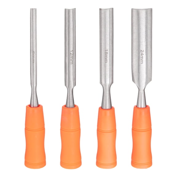Uxcell 4pcs Wood Chisel Set Carbon Steel Inner Beveled Edge Blade Wood Working Flat Chisel with Plastic Non-Slip Handle for Woodworking Carving DIY Projects, Orange