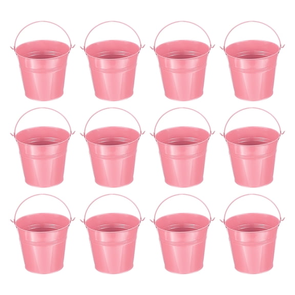 Uxcell 5.1"x4.7" Small Metal Buckets with Handle Mini Galvanized Bucket Colorful Easter Buckets Pink 12 Pcs