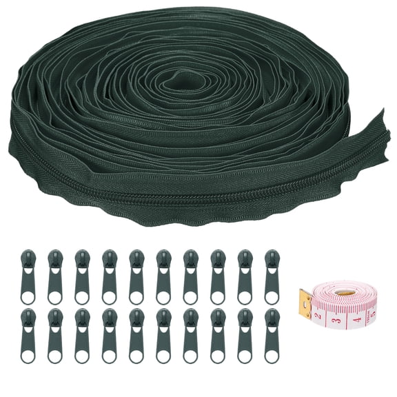 Uxcell #5 10 Yards Bulk Nylon Coil Zipper by the Yards with 20 Pcs Zipper Sliders and Ruler for Sewing Dark Green