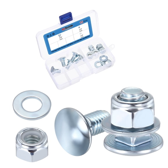 Uxcell 5/16"-18x5/8" Carriage Bolt, Carbon Steel Round Head Square Neck Carriage Screws with Nylon Lock Hex Nut and Washer for Home DIY Mechanical Work (White Galvanized / 5 Set)