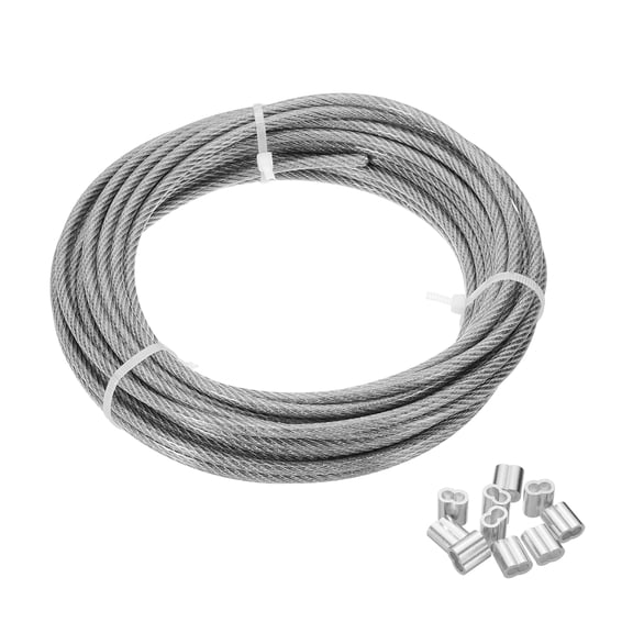 Uxcell 5/32" Wire Rope, 49 ft 304 Stainless Steel Wire Cable Transparent Vinyl Coated with 10pcs Crimping Sleeves for Hanging Lights Clotheslines Trellis Wire, Transparent