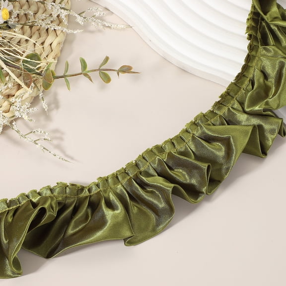 Uxcell 5.5 Yards 3D Pleated Chiffon Lace Trim 2" Width Satin Ruffle Ribbon Pleated Sewing Fabric Trim Olive Green
