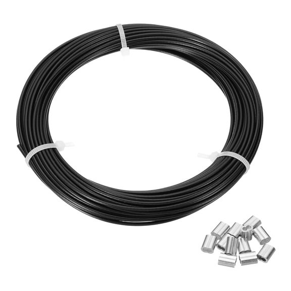 Uxcell 5/64" Wire Rope, 49 ft 304 Stainless Steel Wire Cable Black Vinyl Coated with 12pcs Crimping Sleeves for Hanging Lights Clotheslines Trellis Wire, Black