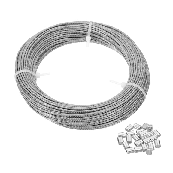 Uxcell 5/64" Wire Rope, 49 ft 304 Stainless Steel Wire Cable Transparent Vinyl Coated with 24pcs Crimping Sleeves for Hanging Lights Clotheslines Trellis Wire, Transparent