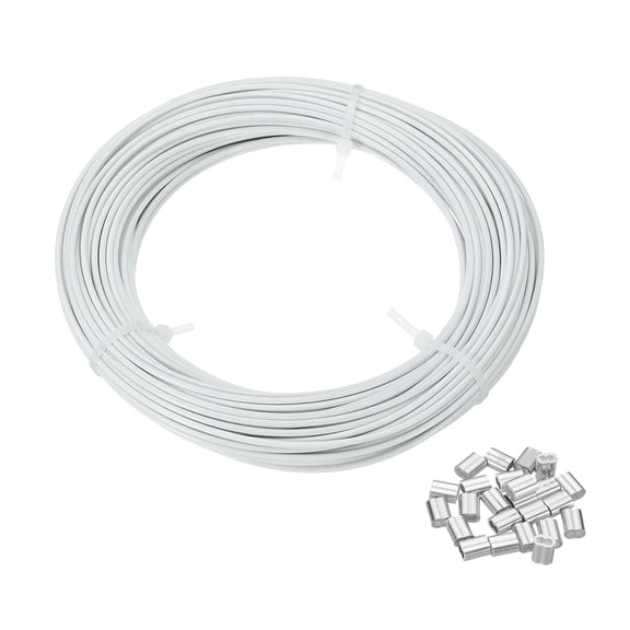 Uxcell 5/64" Wire Rope, 49 ft 304 Stainless Steel Wire Cable White Vinyl Coated with 24pcs Crimping Sleeves for Hanging Lights Clotheslines Trellis Wire, White