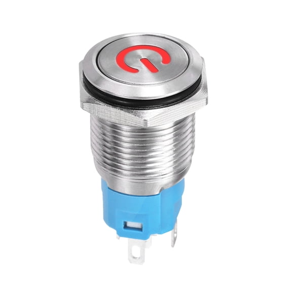 Uxcell 5/8 Inch Stainless Steel Latching Push Button Switch Flat Head 5A 12-24V Silver Shell with Welding Foot Red LED 1NO1NC