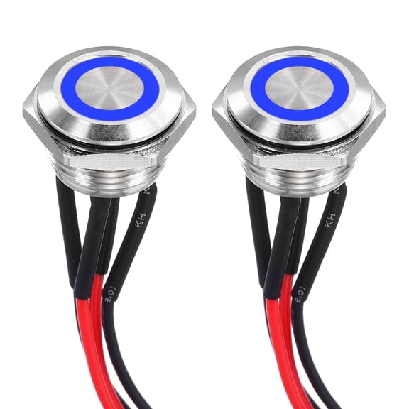Uxcell 5/8 Inch Stainless Steel Momentary Push Button Switch Flat Head 3A 12-24V with Pre-soldered Blue LED Ring Light 1NO, 2Pcs