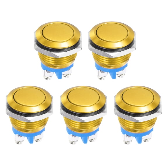Uxcell 5/8" Momentary Push Button Switch Flat Head Gold Shell With Screw Foot, 5Pcs