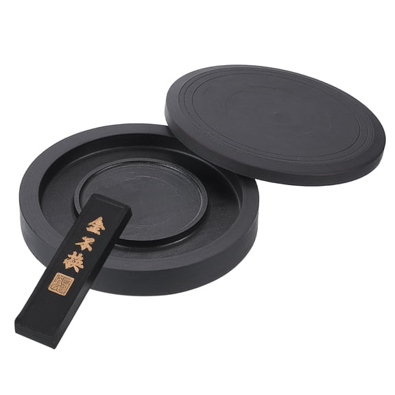 Uxcell 5 Inch Chinese Calligraphy Inkstone with Ink Stick, Square Ink Stone Tray, Black