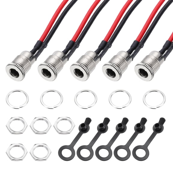 Uxcell 5 PCS DC-099 DC Power Jack Cord Socket, 30V 10A 5.5x2.5mm 2Pin Panel Mounting Connector Socket with Nut Washer Waterproof Cap Pre-soldered Wires for Electronics Devices, 200mm