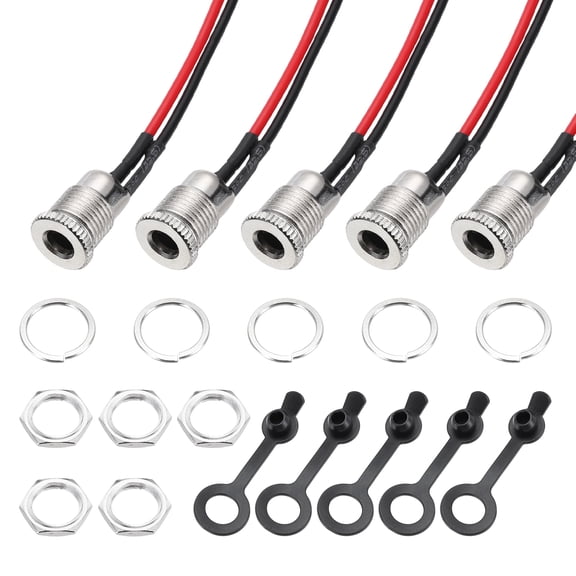 Uxcell 5 PCS DC-099 DC Power Jack Cord Socket, 30V 5A 5.5x2.5mm 2Pin Panel Mounting Connector Socket with Nut Washer Waterproof Cap Pre-soldered Wires for Electronics Devices, 200mm