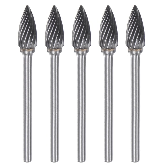 Uxcell 5 Pack 1/4" (6mm) Head 1/8" (3mm) Shank Pointed G Shape Single Cut Carbide Rotary Burrs