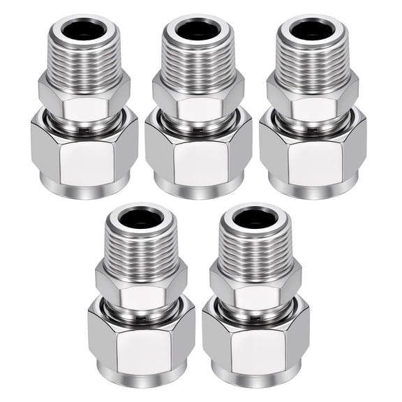 Uxcell 5 Pack 304 Stainless Steel Compression Tube Pipe Fitting, 1/2" OD Compression x 3/8" NPT Male Union Connector, Straight Coupling Adapter Pipe Fitting with Double Ferrules
