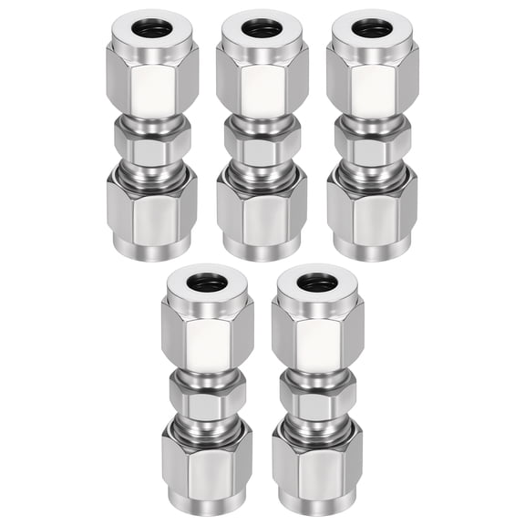 Uxcell 5 Pack 304 Stainless Steel Compression Tube Pipe Fitting, 1/4" OD Compression Union Connector, Straight Coupling Adapter Pipe Fitting with Double Ferrules for Air, Water, Oil