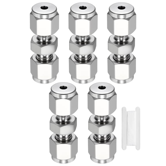 Uxcell 5 Pack 304 Stainless Steel Compression Tube Pipe Fitting, 1/8" OD Compression Union Connector, Straight Coupling Adapter Pipe Fitting with Double Ferrules Tape for Air, Water, Oil