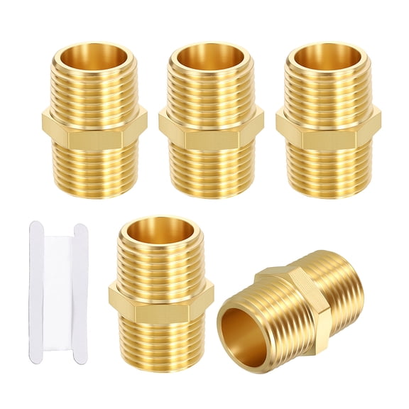 Uxcell 5 Pack Brass Pipe Fittings, 1/2" MNPT to 1/2" MNPT Hex Nipple W/ Sealing Tape