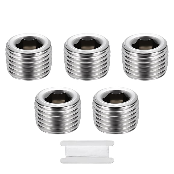 Uxcell 5 Pack Hex Head Socket Pipe Plug Fitting, 1/8" NPT Male Threaded End Cap, 304 Stainless Steel Hex Thread Pipe Fittings W/Tape for Water Pump, Engine, Industrial Piping