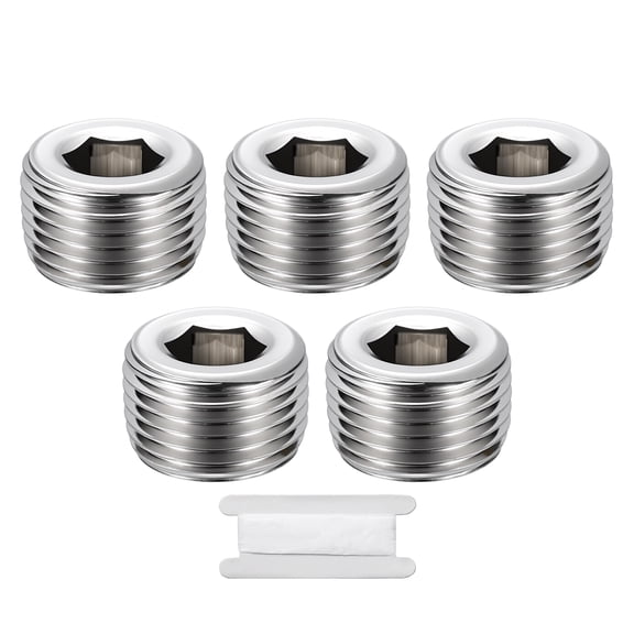 Uxcell 5 Pack Hex Head Socket Pipe Plug Fitting, 3/8" NPT Male Threaded End Cap, 304 Stainless Steel Hex Thread Pipe Fittings W/Tape for Water Pump, Engine, Industrial Piping